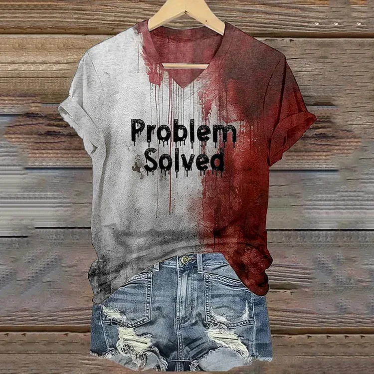 VChics Women's Bloody Problem Solved Halloween Print V-Neck T-Shirt