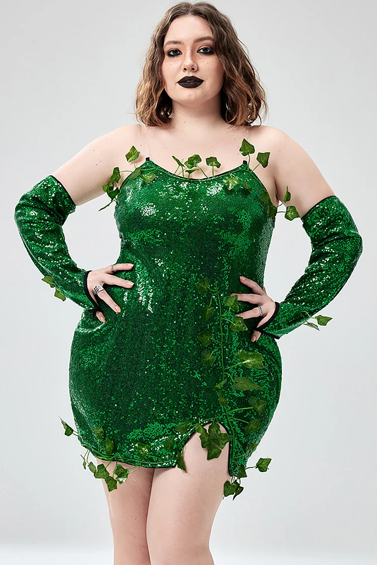 Xpluswear Design Plus Size Halloween Costumes Green Cosplay Sequin Strapless Mini Dress 