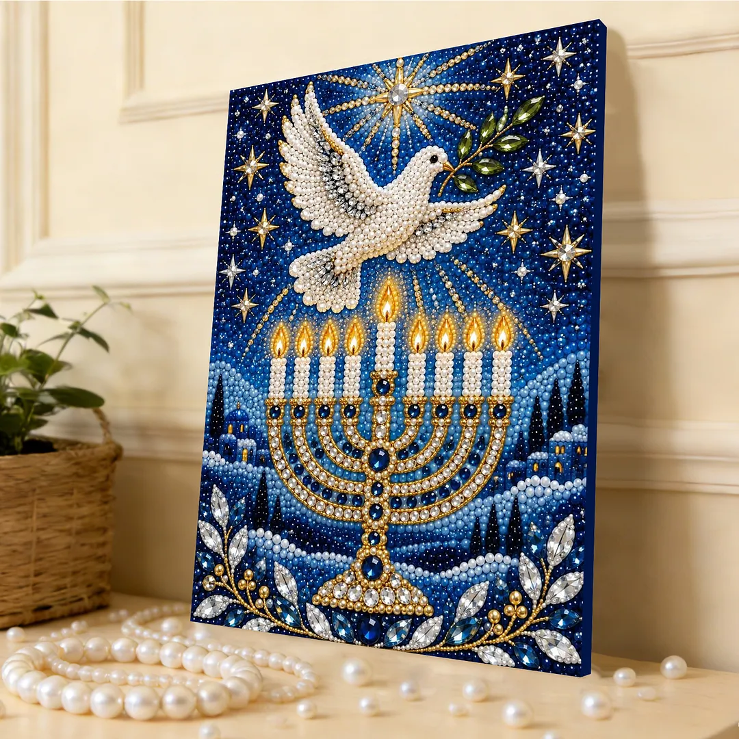 Framed Pearl Painting Kit Hanukkah Menorah Dove 11.81x15.75in
