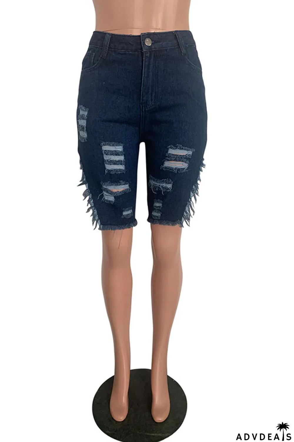 Light Blue Black Light Blue Dark Blue Denim Button Fly Mid Asymmetrical Boot Cut Capris Bottoms