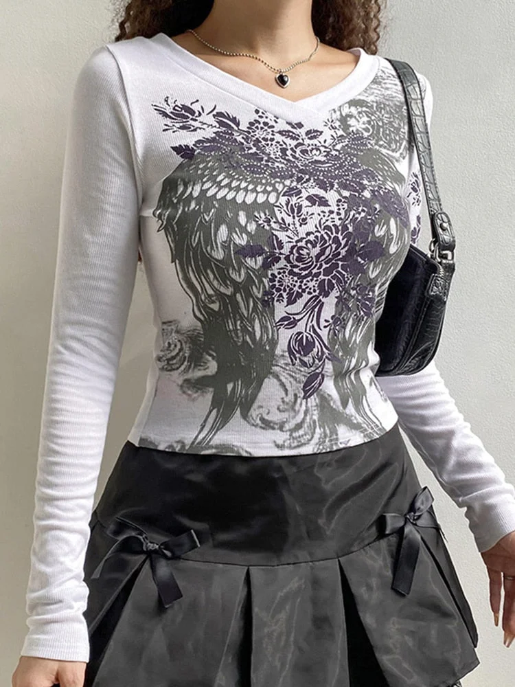 Tawnie Printed Y2K Graphic Women T Shirts 2022 Long Sleeve Tee Shirt Fairy Grunge Fashion Crop Tops Autumn Vintage Clothes
