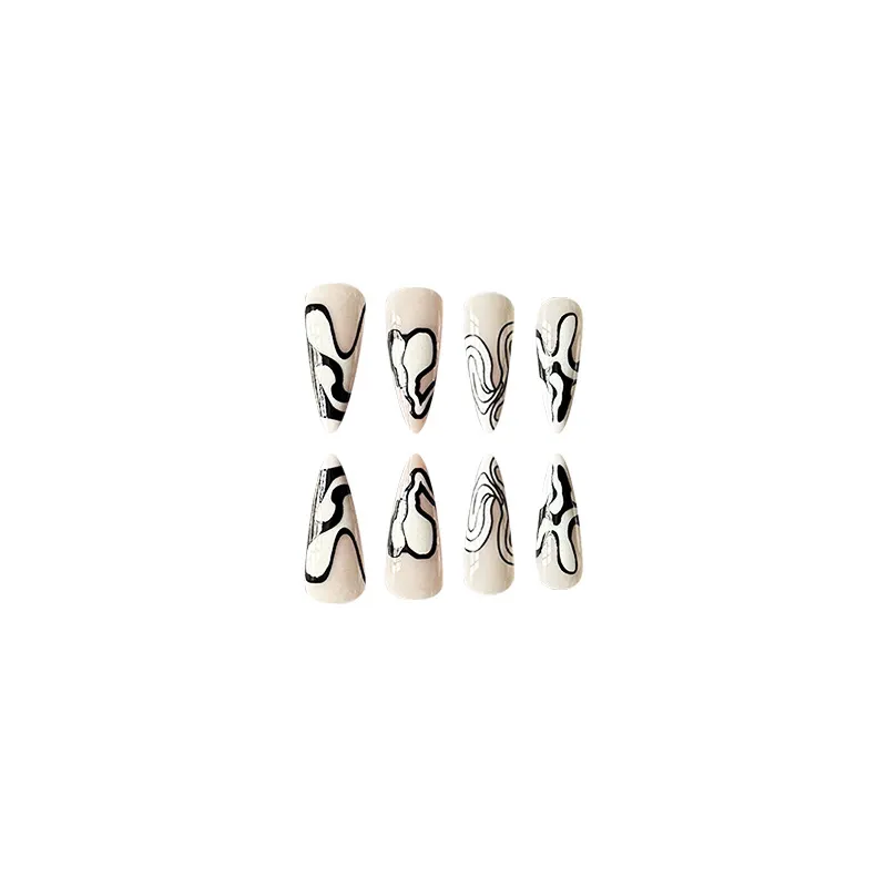 Churchf Churchf Long Pointed Sweet Black And White French Line Dairy Nail Piece Wearable Fake Nail Products Can Be Removed