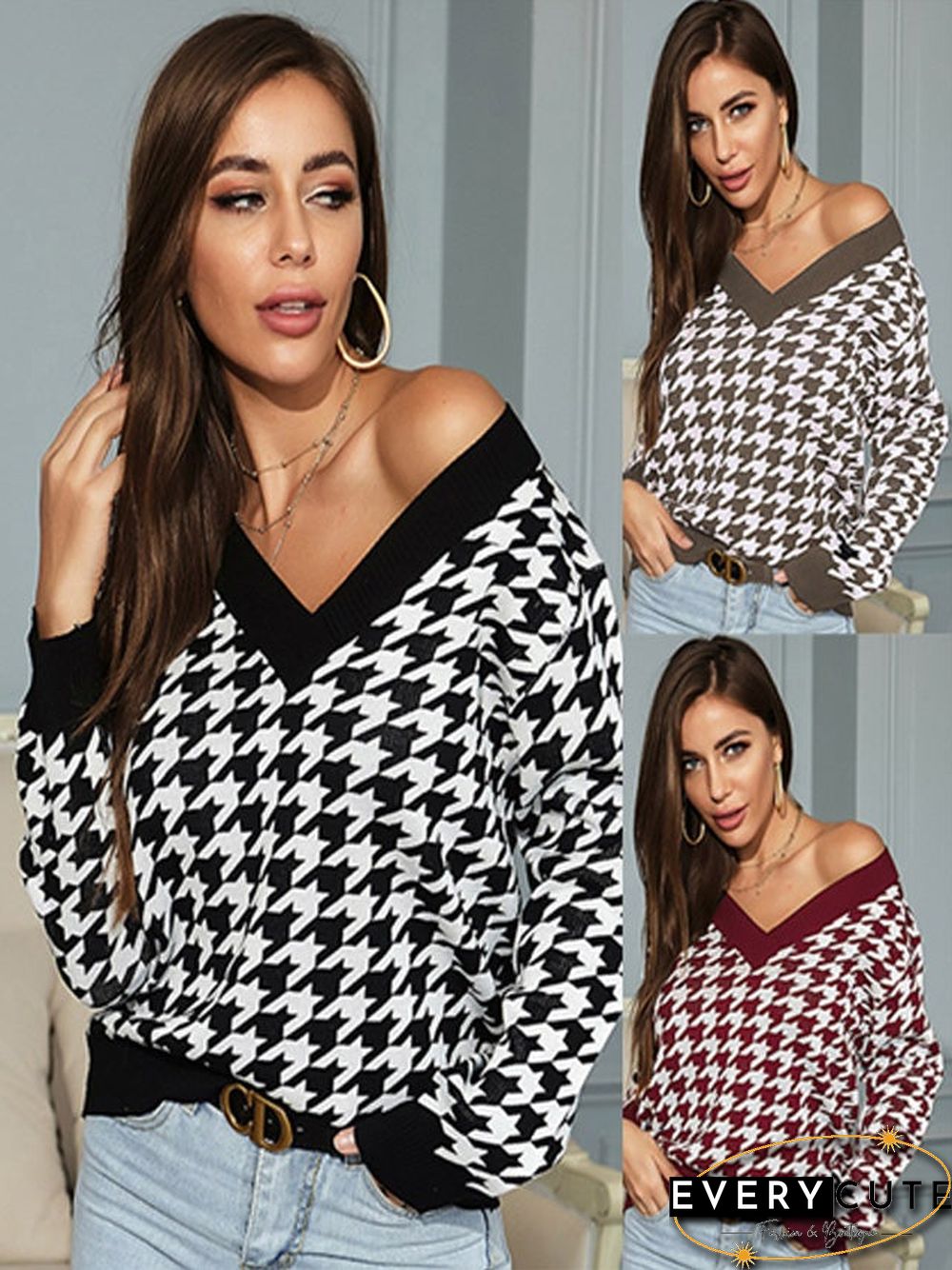 Long-sleeved Thousand Bird Geiger V Collar Bottom Knitted Sweater Girl