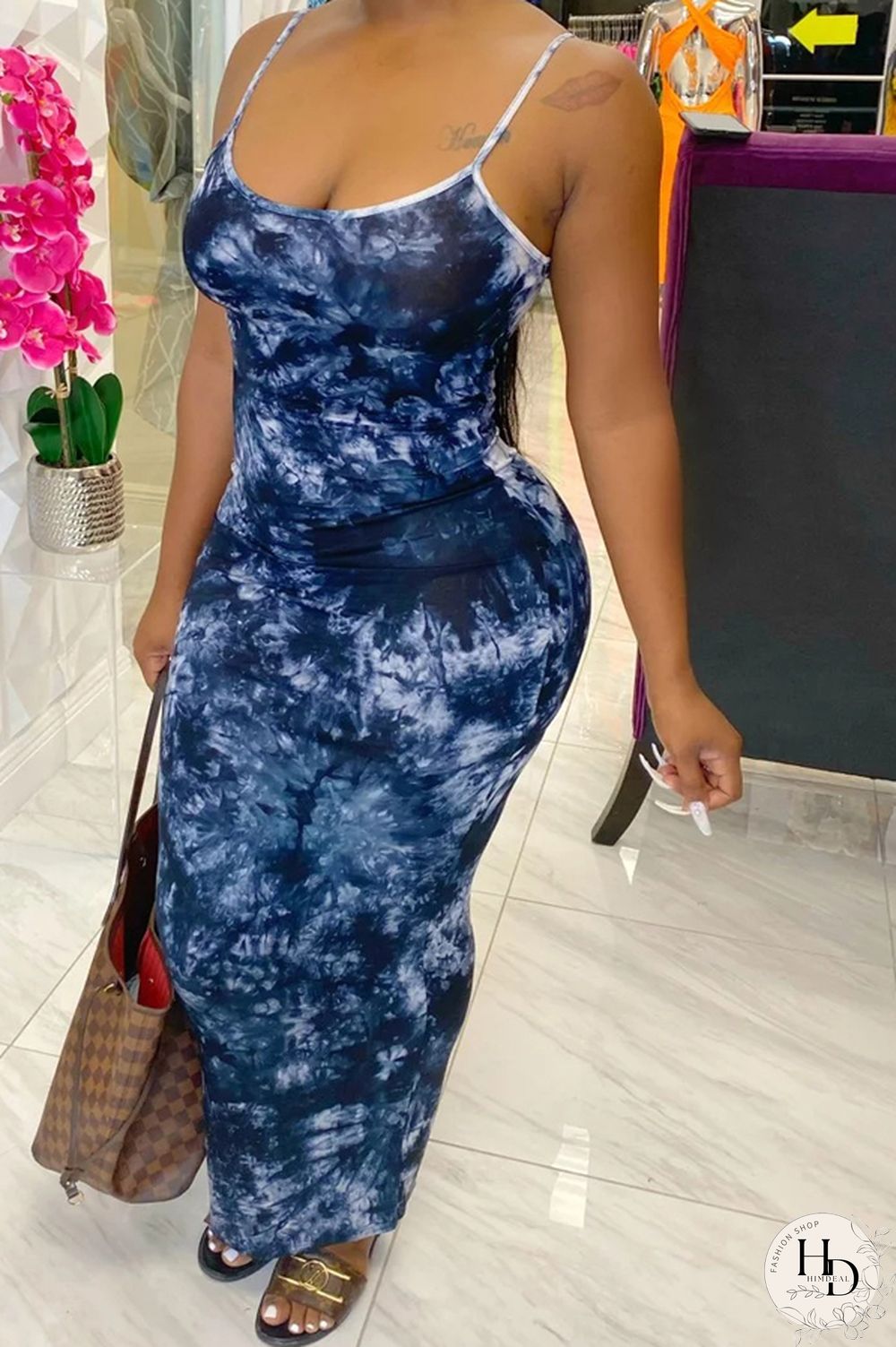 Light Blue Casual Spaghetti Strap Sleeveless Slip Pencil Dress Ankle-Length Print Tie and dye Dresses