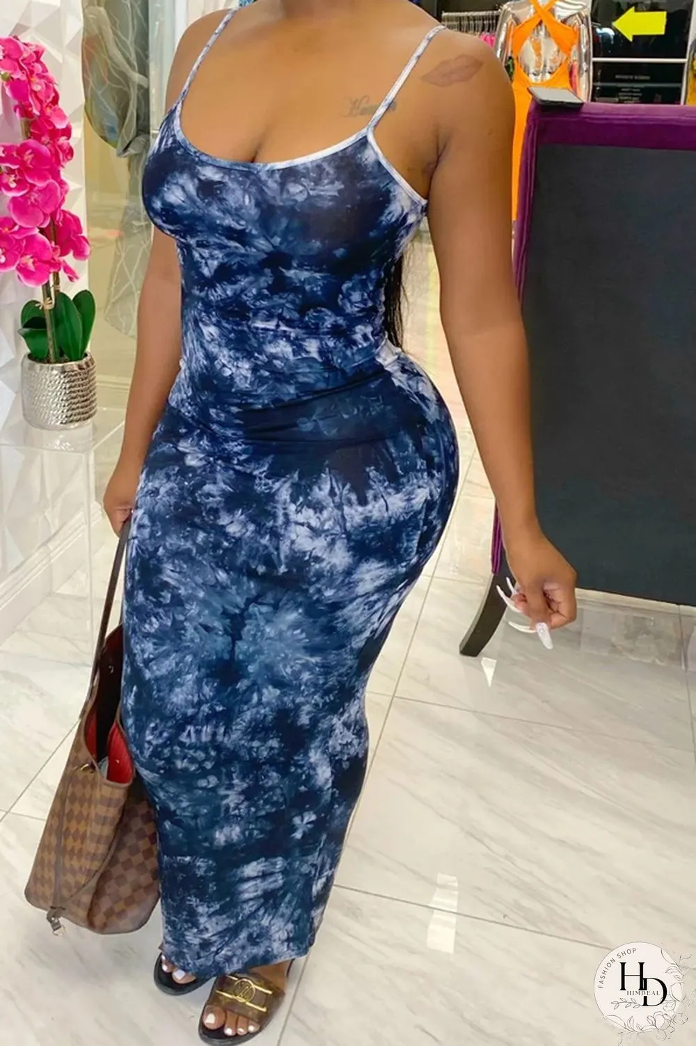Light Blue Casual Spaghetti Strap Sleeveless Slip Pencil Dress Ankle-Length Print Tie and dye Dresses