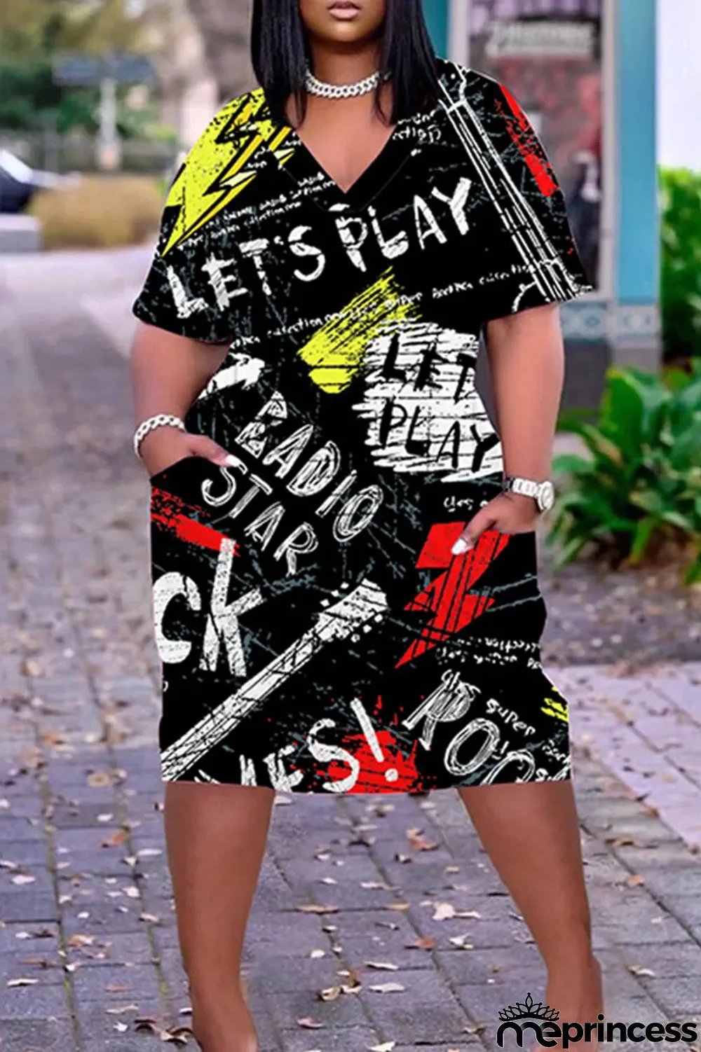 Light Khaki Casual Print Patchwork Basic V Neck Short Sleeve Dress Plus Size Dresses