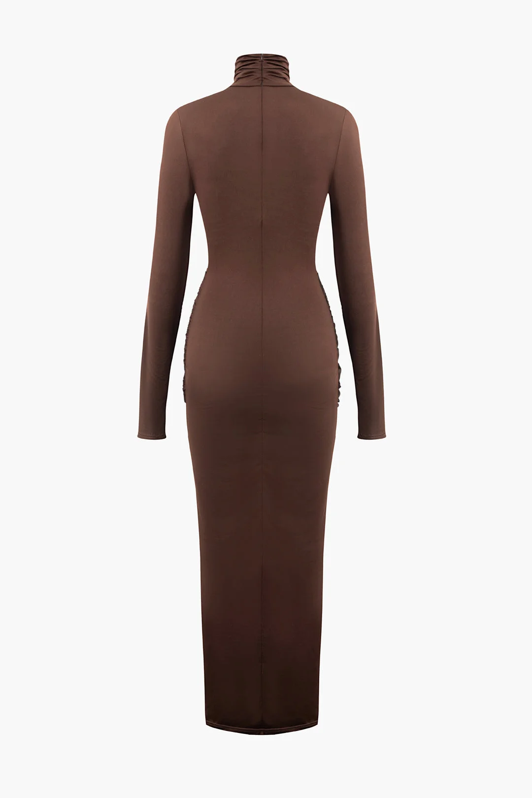 Brownm Color Wrap Ruched High Neck Long Sleeve Maxi Dress