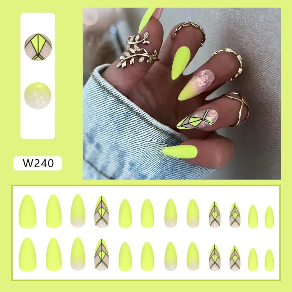 Yellow Stiletto Fake Nail Tips French Wear Full Cover False Nails With Gradient Glitter Design Press On Nail Artificial Manicure