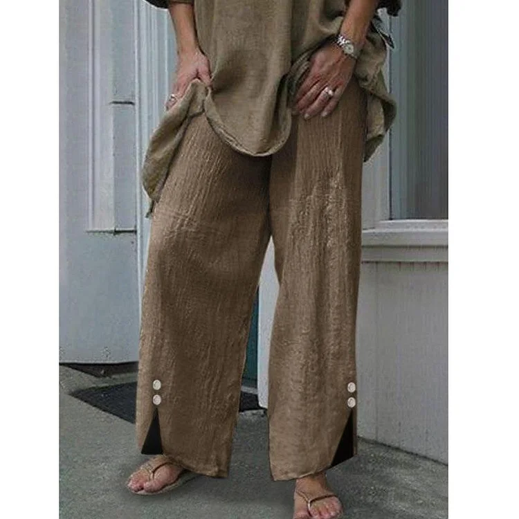 Autumn Vintage Botton Pantalon Femme Long Cotton-Linen Trousers