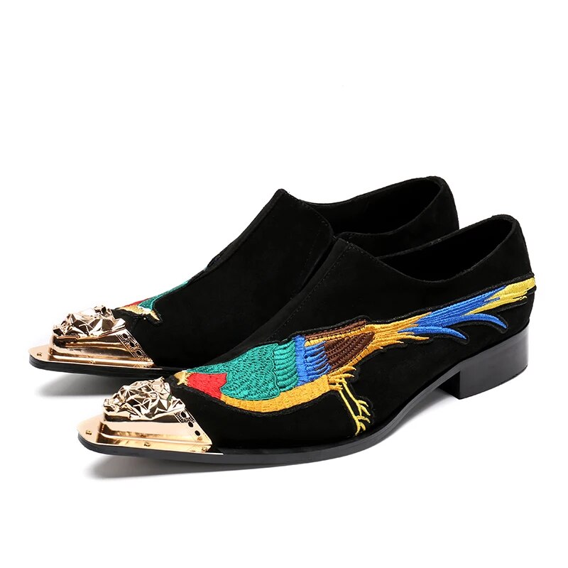 VCSHOES Embroidery Bird Men Suede Leather Shoes Metal Pointed Toe Men Dress Oxford Shoes Party Mens Suit Shoes
