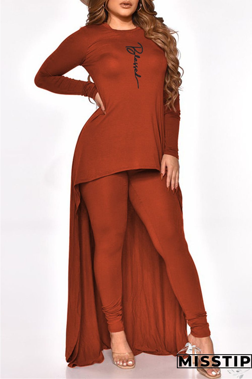 Black Fashion Casual Print Asymmetrical O Neck Plus Size Two Pieces