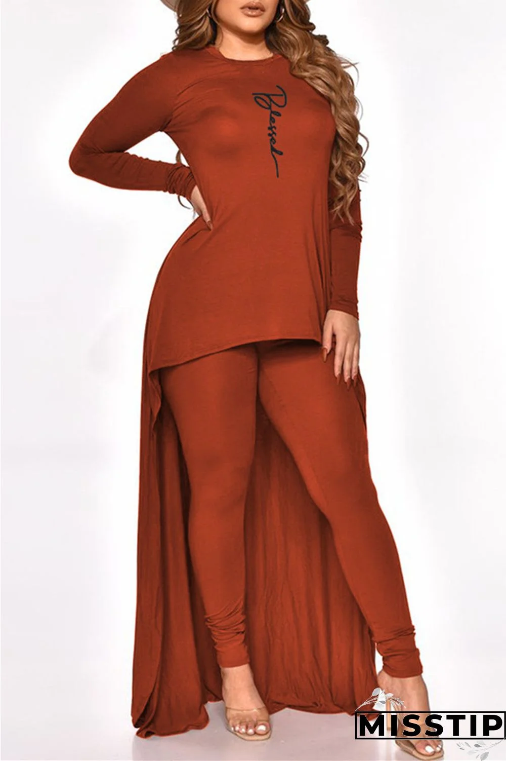 Black Fashion Casual Print Asymmetrical O Neck Plus Size Two Pieces