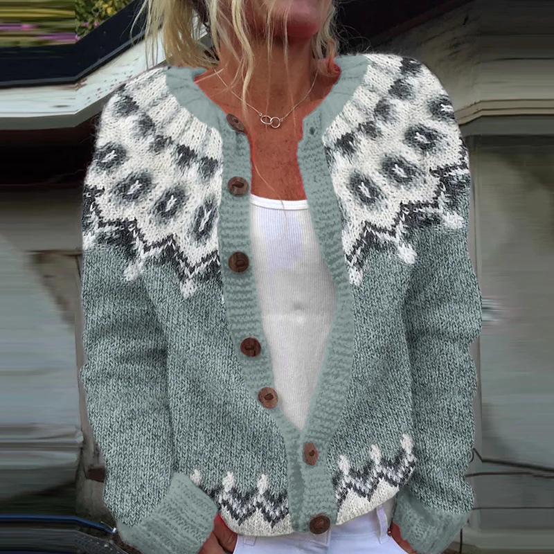 Vintage Geometry Contrast Jacquard Button Cozy Sweater