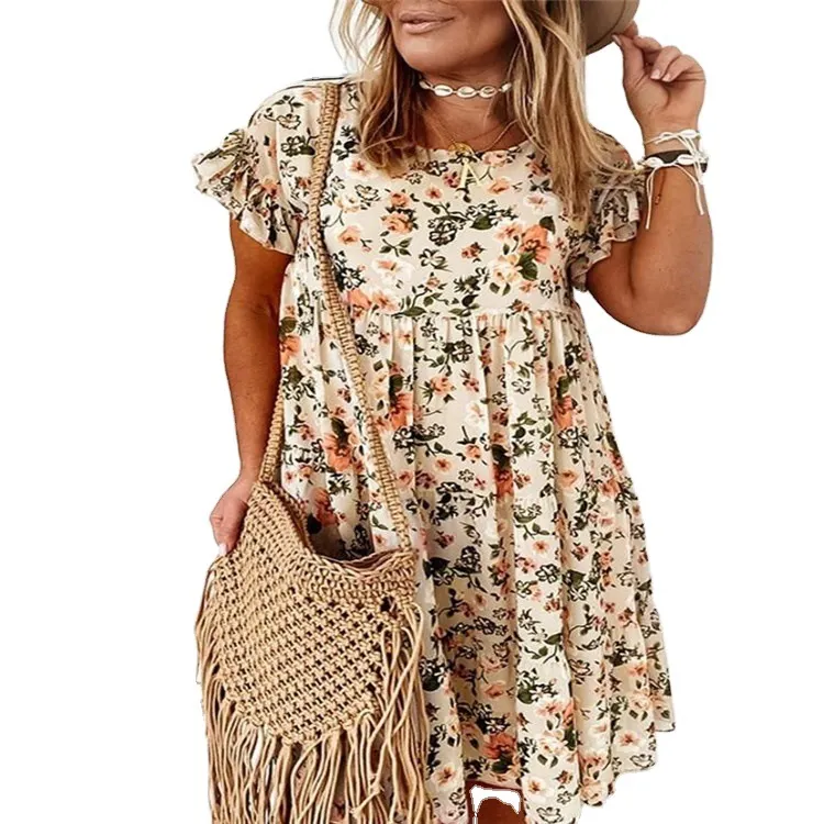 Spring and Summer Round Neck Flower Print Short Sleeve Loose Dress-vocosishoes