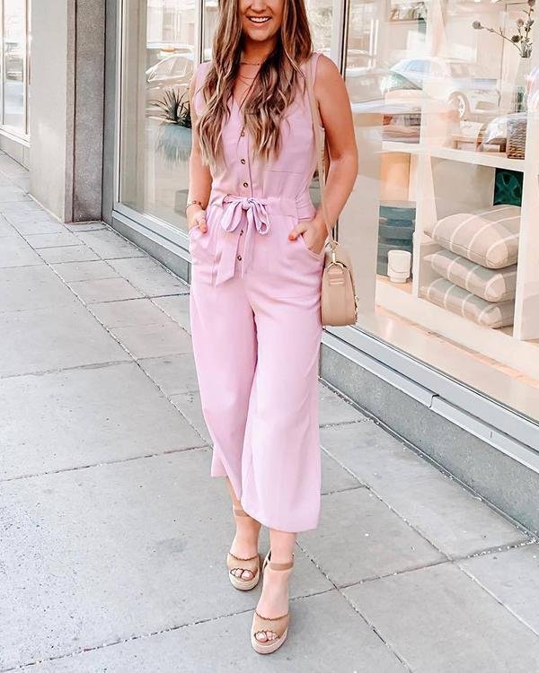 solid pink jumpsuits pockets button sash rompers p94398