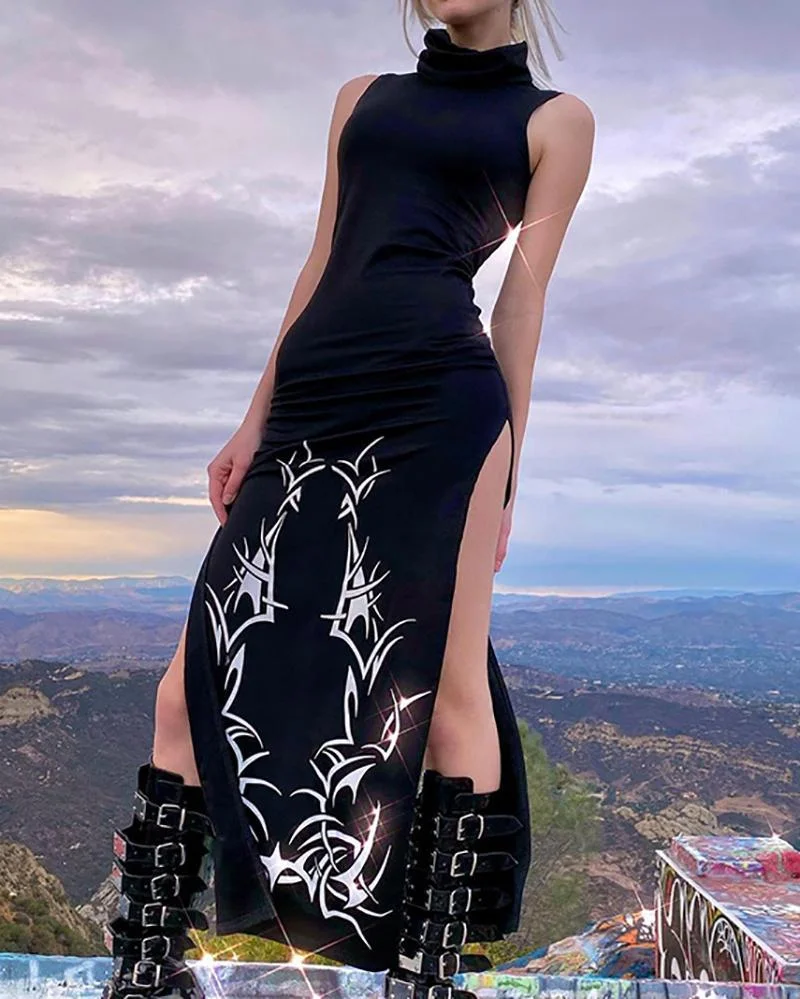 Sexy turtleneck sleeveless slit dress