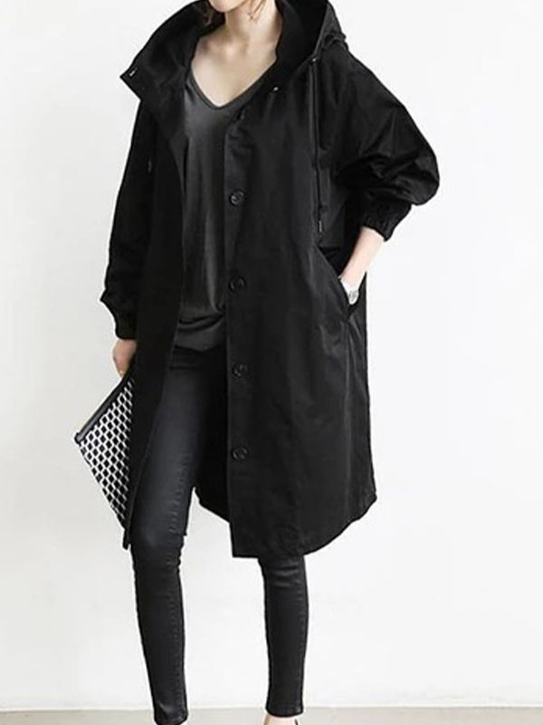 Casual Solid Color Hooded Trench Coat