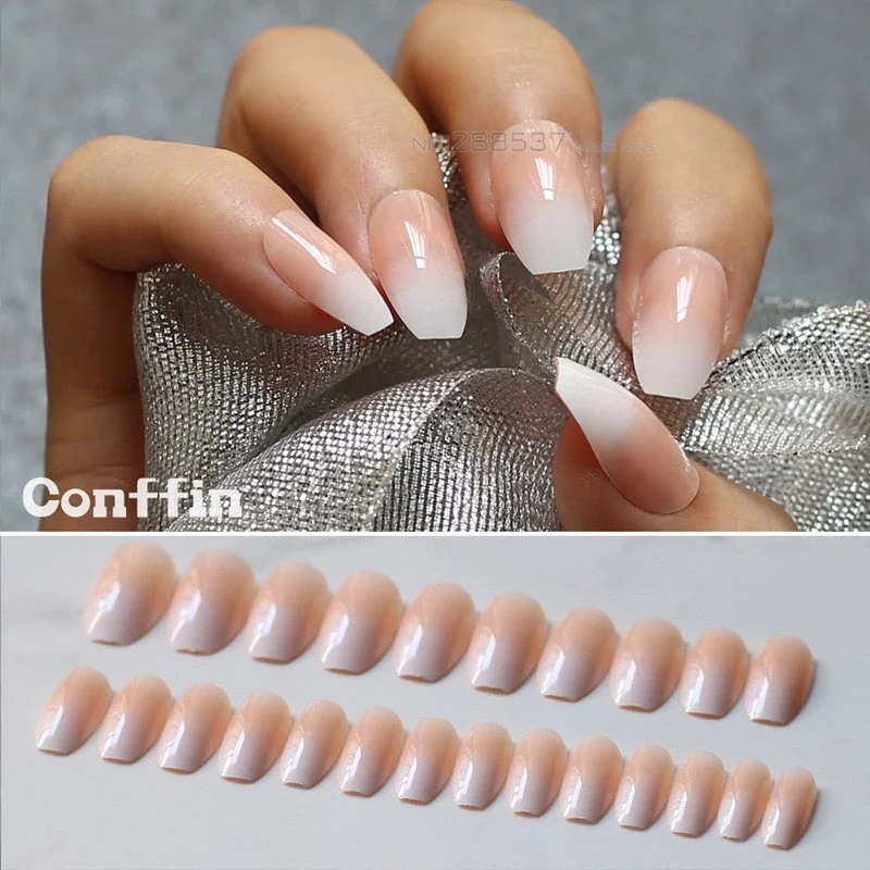Jelly nude white gradient coffin fake nails stiletto nails lovely pink medium nature False nails Full Nail end product 24pcs