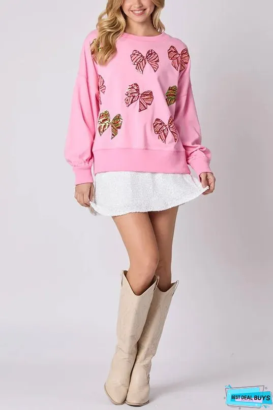 Christmas Bow Sequin Loose Casual Long Sleeve Sweatshirt