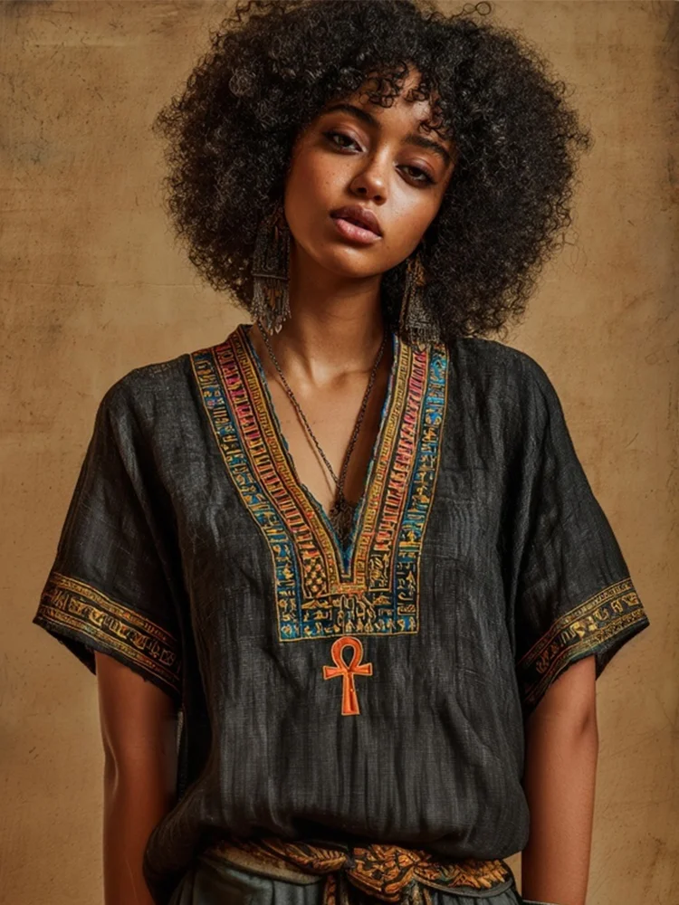 Ancient Egyptian Ankh Embroidered Vintage Linen Shirt