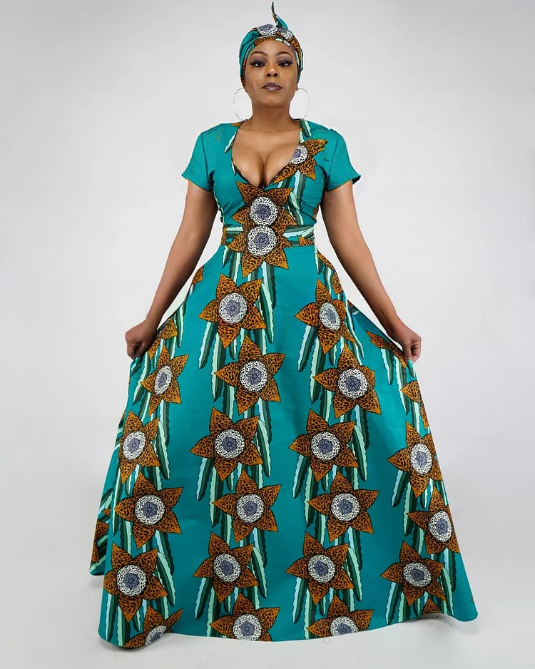 V Neck African Print Elegant Flowers Short Sleeve Maxi Dress