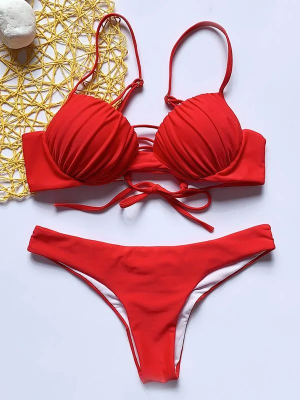 Solid Color Ruffled Bandage Split Bikini Swimsuit