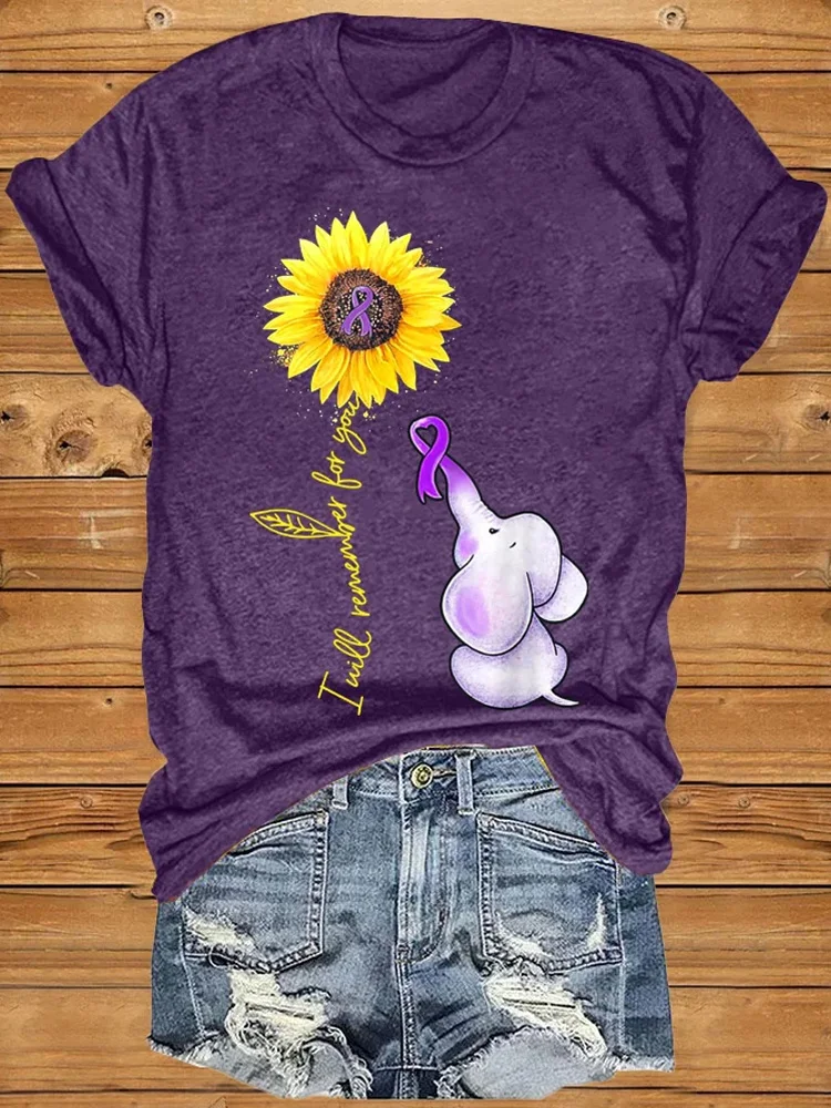 Women's Elephant I Will Remember For You Sunflower Alzheimer Print T-shirt