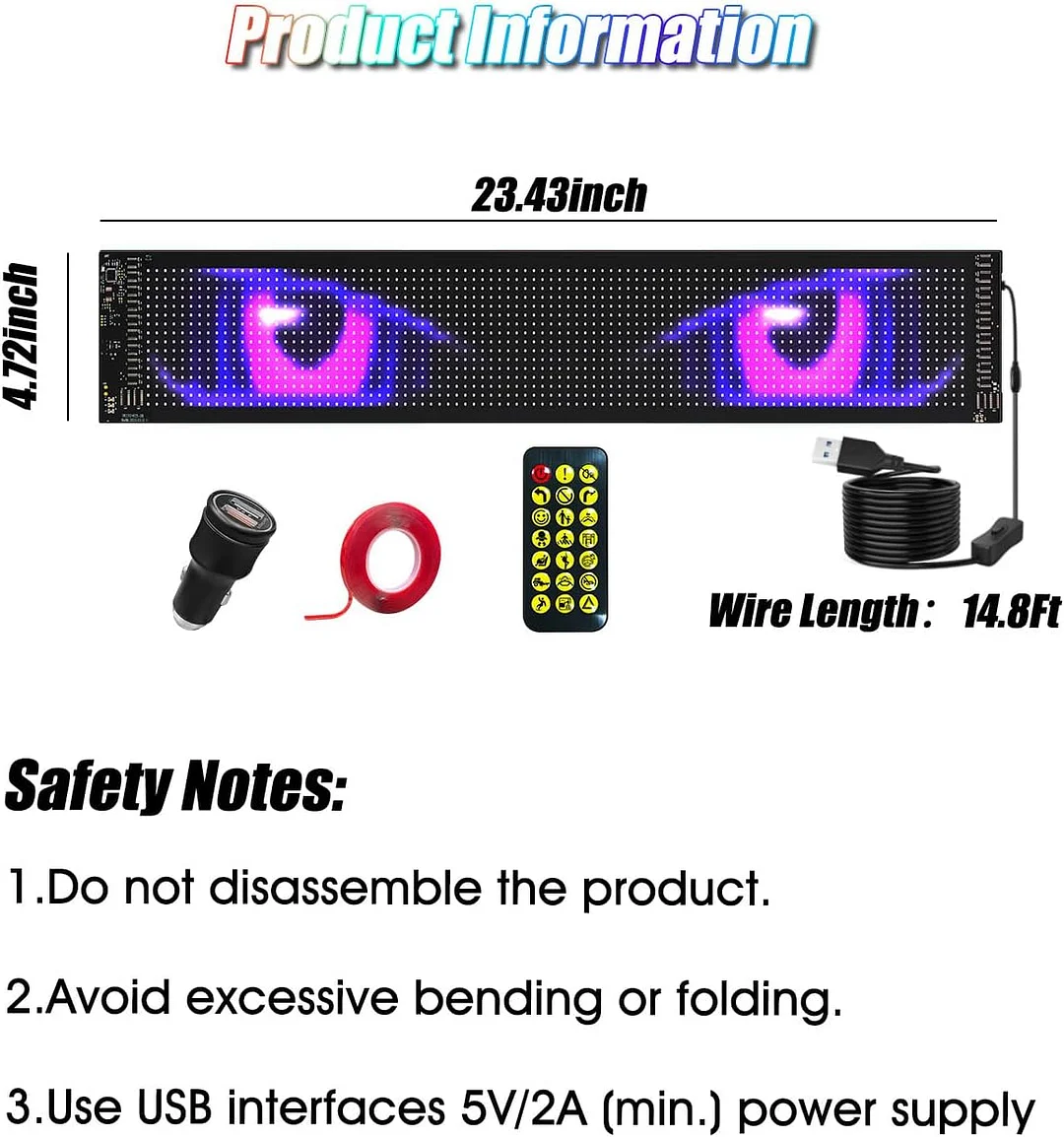 Devil Eye Light for Windshield: 23.5" x 4.5" Programmable LED Sign with APP and Remote - 5V USB Digital Illuminated Display, LED Eyes for Cars, SUVs and Trucks (1 pc)