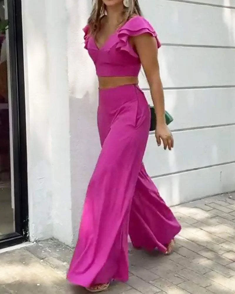 BUTTERFLY SLEEVE SOLID COLOR TWO-PIECE SET