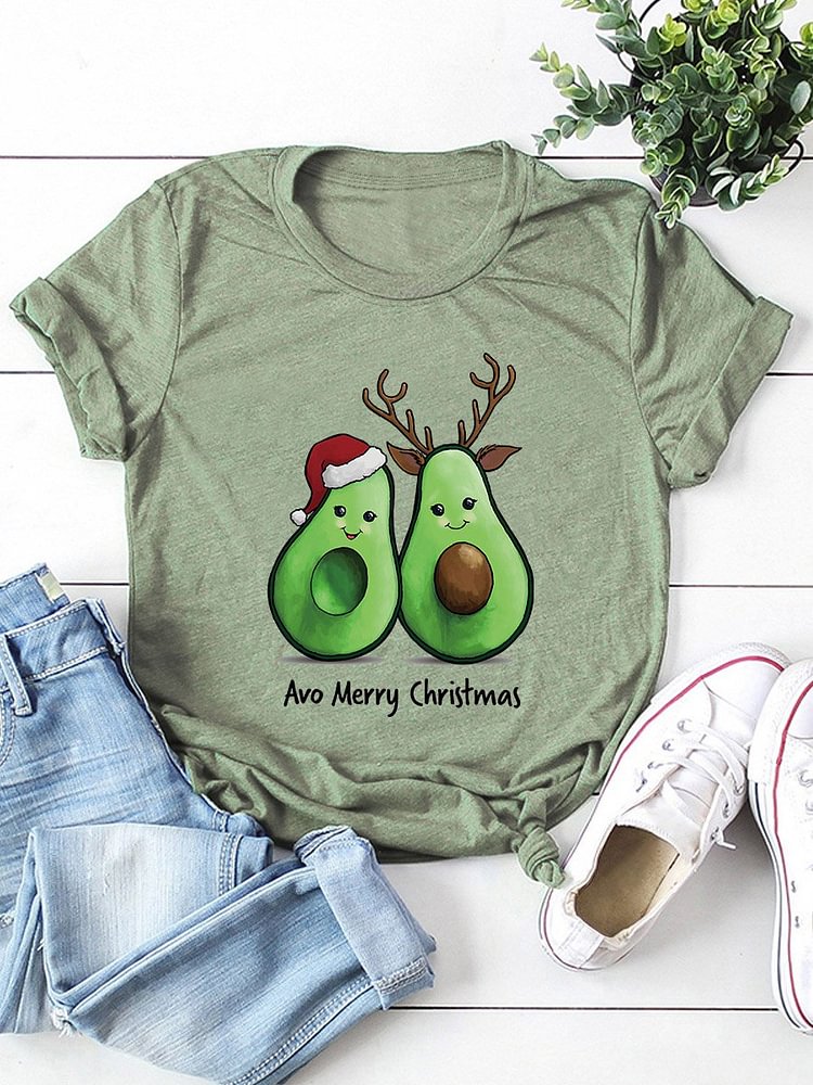 Bestdealfriday Avo Merry Christmas Printed Round Neck Casual Short Sleeve T-Shirt