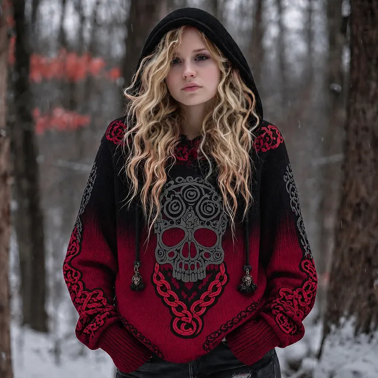 Women's Vintage Viking Tribal Celtic Skull Gradient Art Chunky Knit Hooded Sweater