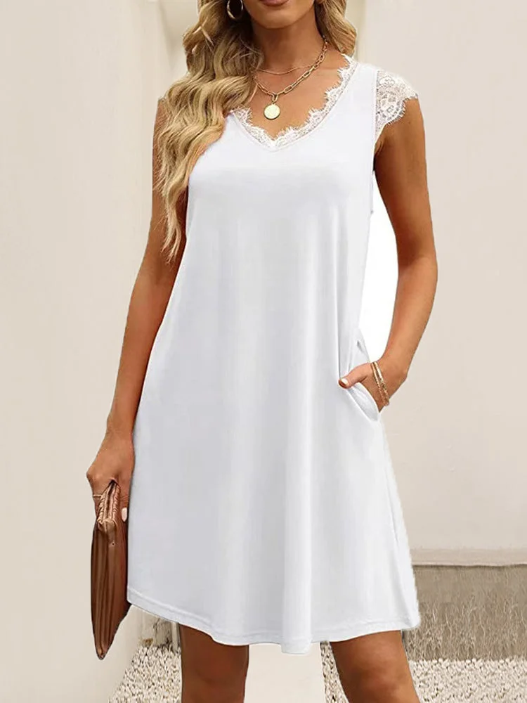 Women's Sleeveless V-neck Lace Stitching Midi Dress