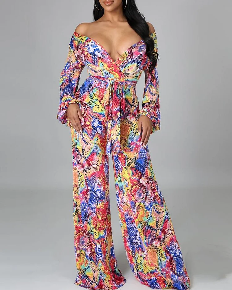 Tropical Striped/Snakeskin Print Tied Detail Jumpsuit P4254251680