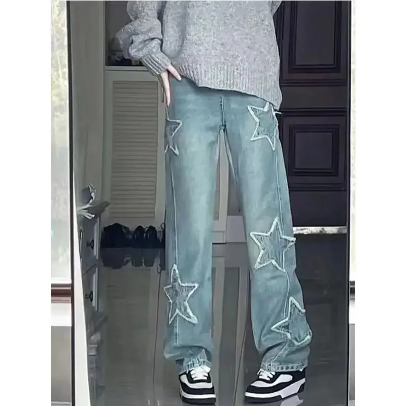 Brownm high street women embroidered star jeans American style Y2k white high waist loose slim straight trousers