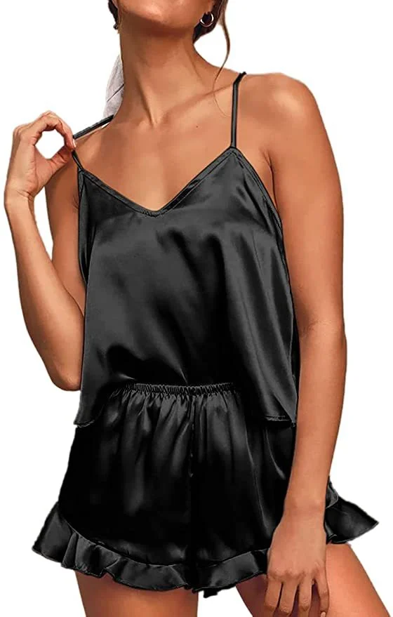 Brownm Women's Simulated Silk Pajamas Solid Color V-Neck Suspension Shorts Two-Piece Pajamas Sexy Fashion Homewear Set
