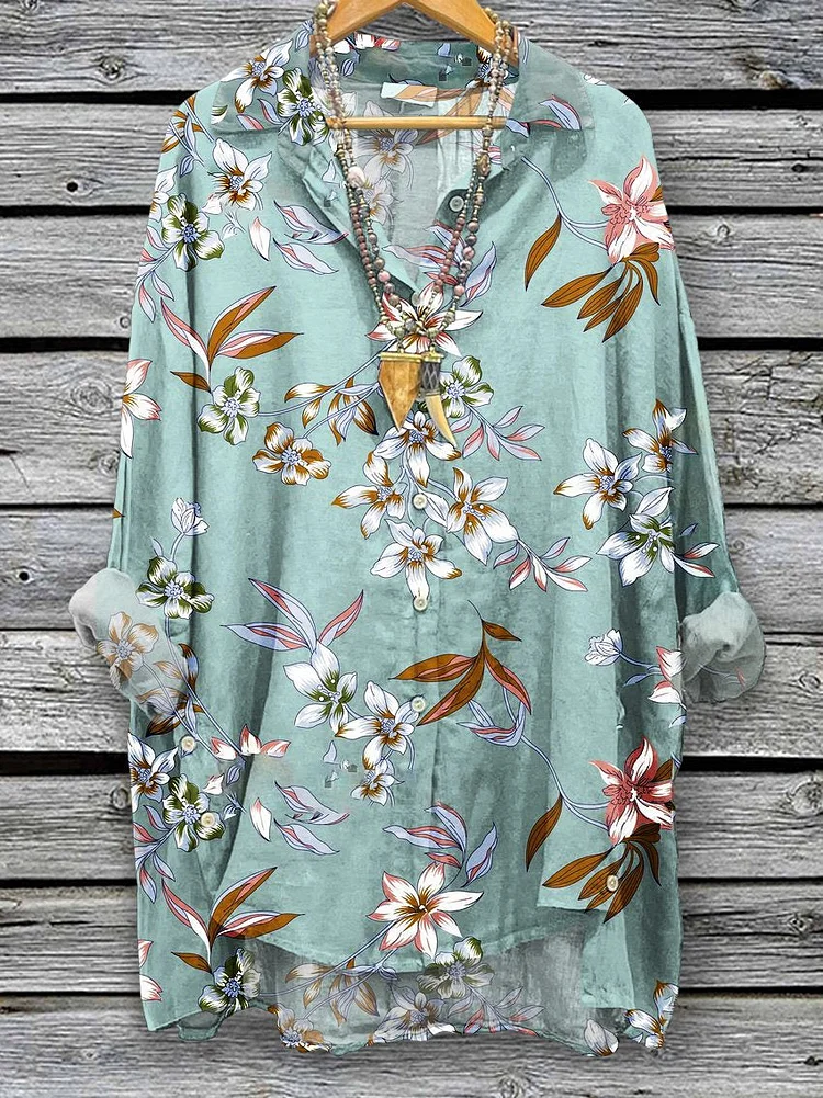 Women's  Floral  Print Casual Cotton And Linen Shirt