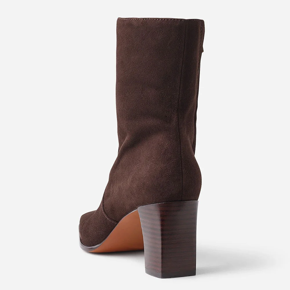 Brown Pull-On Chunky Heel Ankle Boots for Women with Square Toe