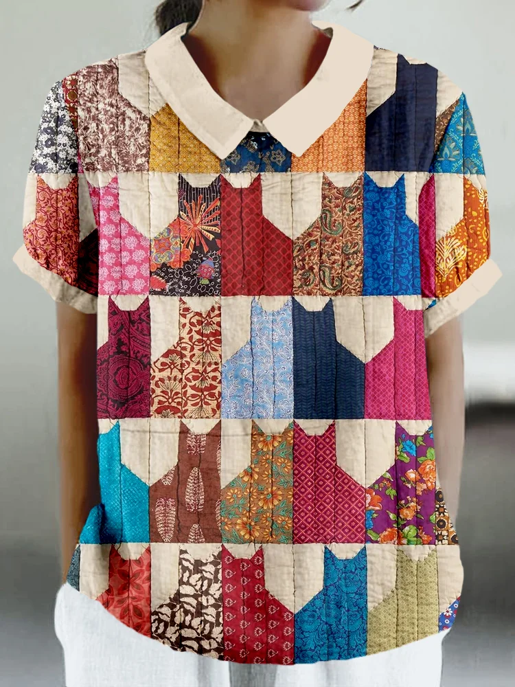 Lovely Cats Patchwork Linen Blend Shirt