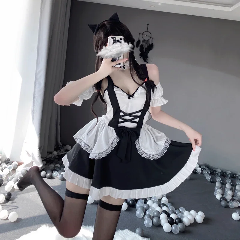 Billionm OJBK Women Lovely Anime Maid Cosplay Costume Lace Apron Lolita Fancy Dress Classic Japanese Black And White Maid Princess Dress