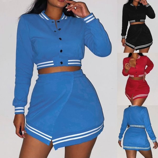Two Piece Sets O Neck Buttons Casual Short Long Sleeves Top Outfit + High Waist Skirt For Women - Shop Trendy Women's Fashion | TeeYours