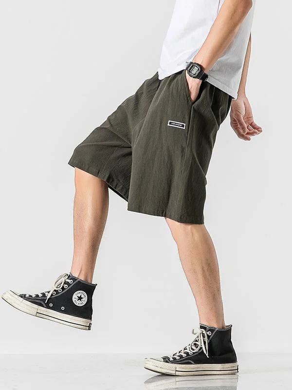 Summer men's solid color embroidered linen shorts