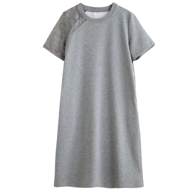 Minimalist Lace Splicing Short Sleeve Midi Dress