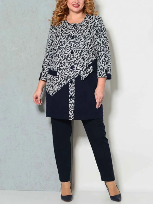 Pocket Flap Print Elegant Ladies Suit