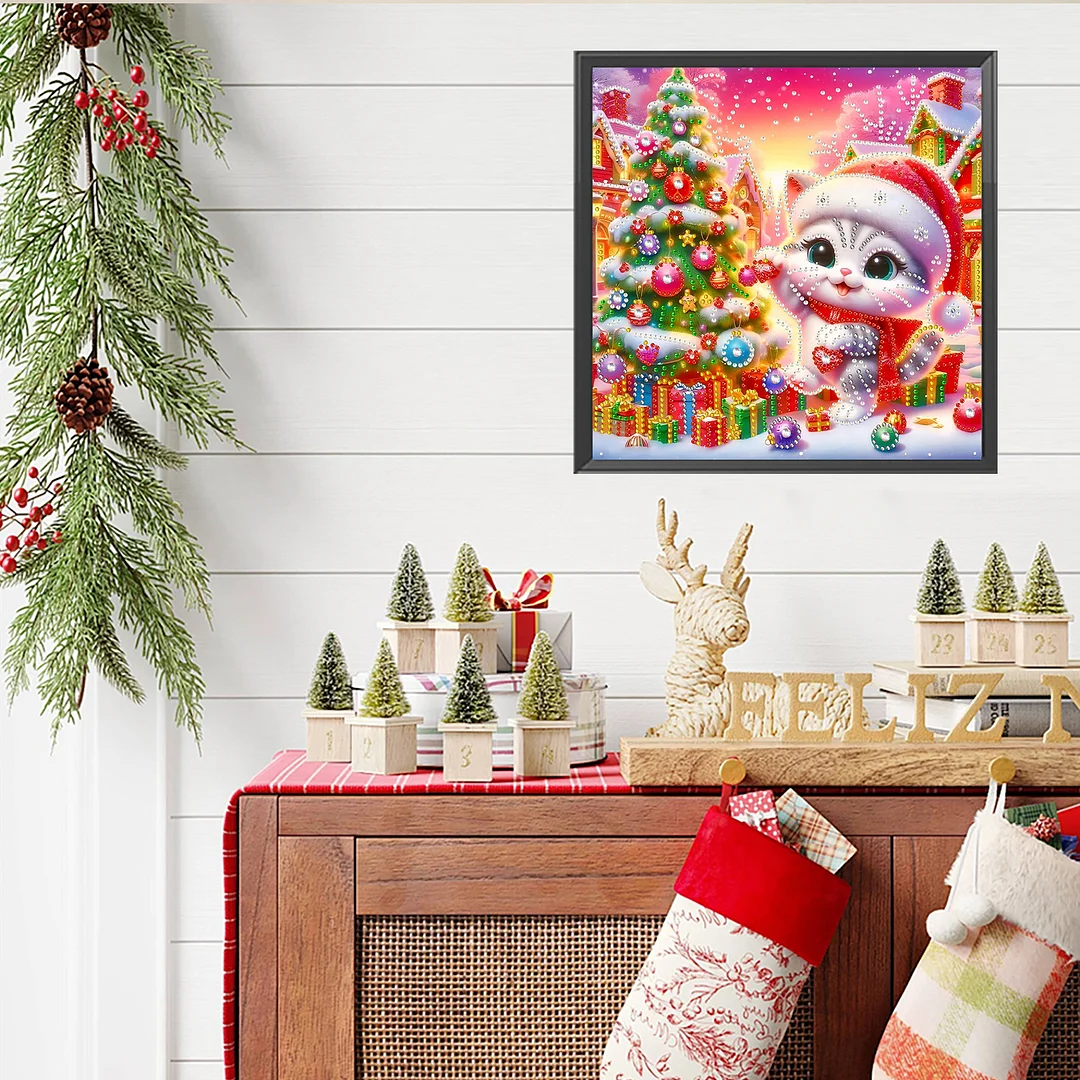 Christmas Cat - Diamond Painting - Partial Special Shaped Drill(Canvas|30*30cm)