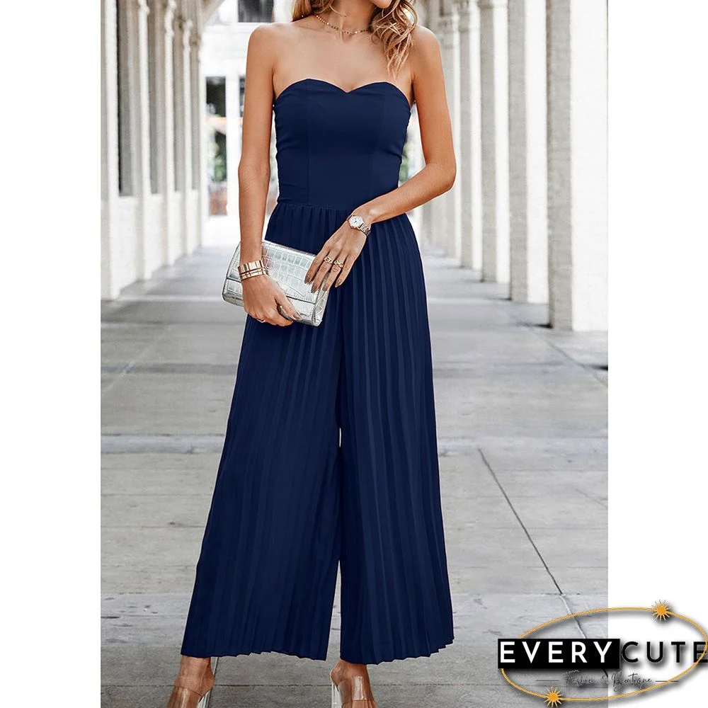 Navy Blue Smocked Tube Wide Leg Casual Jumpsuit