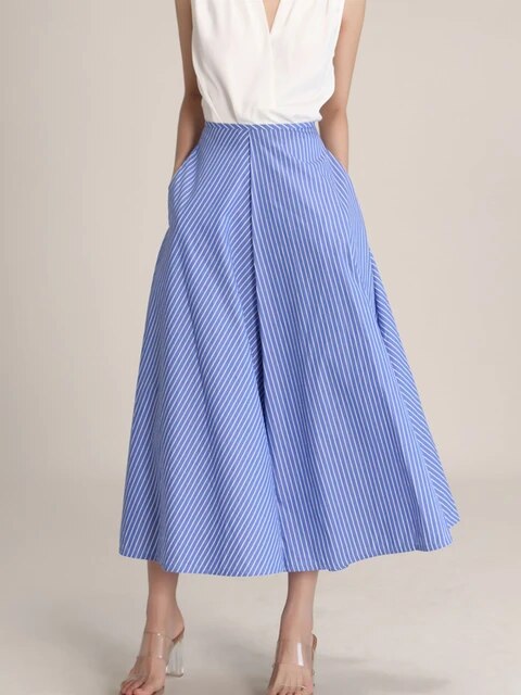 2023 Summer New In High Waist Blue Striped Skirt with Pockets Vintage Medium-length Women Long Skirt Korea Style Office Lady