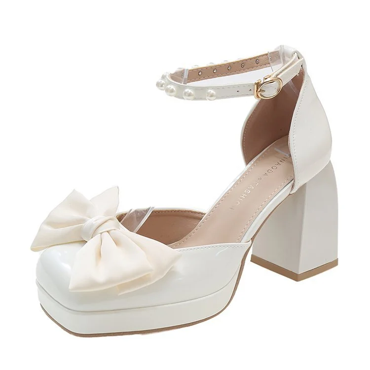 Wongn Wongn 2023 New Korean Version Of Bow Painted Leather Baotou Hollow High Heel Sandals Pink Thick Heel Women's Shoes