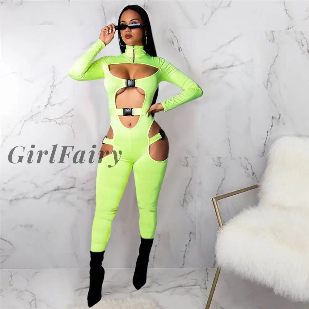 Women Bodycon Buckle Cut Out Biker Romper Sexy Long Sleeves Hollow Turtleneck Clubwear Bodysuit