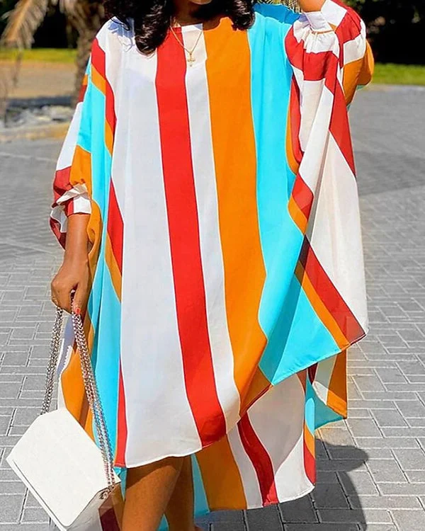 Plus Size Striped Crew Neck Long Sleeve Spring Summer Casual Long Dress