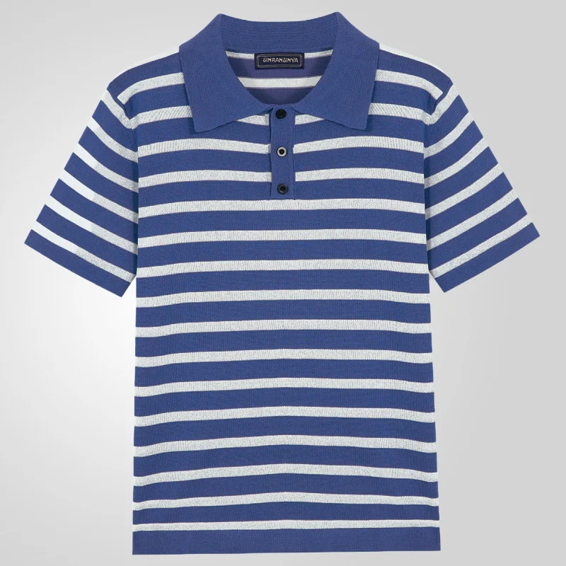 Uveng Uveng Men's Summer New Overturned Knits Blue Striped Business Polo Shirts Men's SY0148